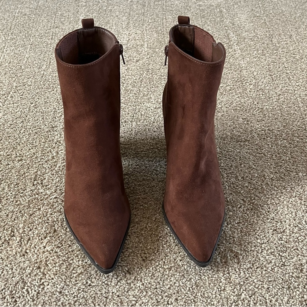 Just Fab Brown Faux Suede Ginnee Block Heel Boots